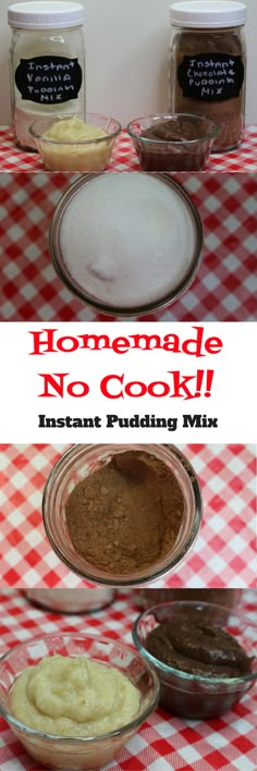 homemade no cook instant pudding mix recipe in glass bowls on a red and white checkered tablecloth