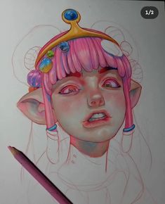 a drawing of a girl with pink hair wearing a tiara and holding a pencil