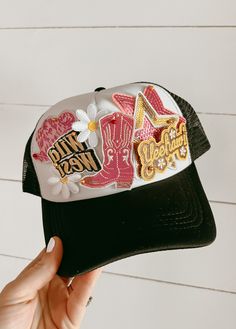 Trucker hat ready to ship Trucker Hat With Patches, Trucker Hats With Patches, Hat With Patches, Iron Patches, Camo Trucker Hat, Women Trucker, Custom Trucker Hats, Patch Hat, Hat Ideas