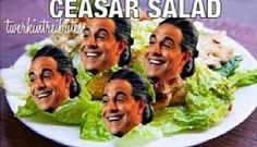 there is a plate that has four faces on it and the words cesar salad above them