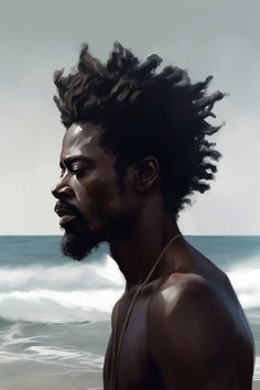 a painting of a man with dreadlocks on his head standing in front of the ocean