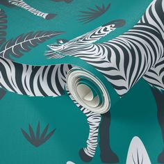 a wallpaper with zebras and palm trees on it's green color scheme