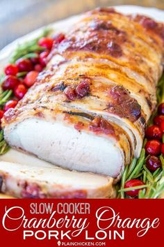 slow cooker cranberry orange pork loin on a platter