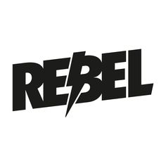 the word rebel is written in black and white with lightning bolt coming out of it