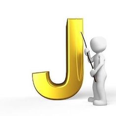 a person standing next to the letter j with a stick in it's hand