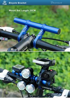 two views of the handlebars on a bike, one showing the front and rear lights