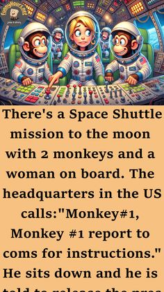 There’s a Space Shuttle mission to the moon with 2 monkeys and a woman on board.

The headquarters in the US calls:
“Monkey #1, Monkey #1 report to coms for instructions. “He sits down and he is told to release the pressure in compartment 1, increase the temperature in engine 4 and to release oxygen to the reactors. So the monkey does the pressure, temperature, and releasesthe oxygen.

A few moments later headquarters calls again: A Few Moments Later, 2 Monkeys, Computer Password, Women Jokes, Moon Missions