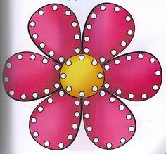 a pink and yellow flower with white dots on it's petals is shown in the center