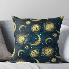 the sun and moon are in the sky with stars throw pillow