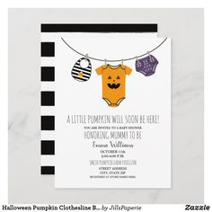 a baby shower is shown with clothes hanging from a line and the words little pumpkin will soon be here