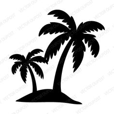 two palm trees on an island silhouetted against a white background with the word tropical