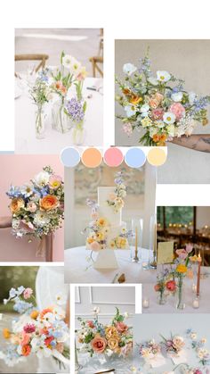 a collage of photos with different flowers and colors on them, including the centerpieces