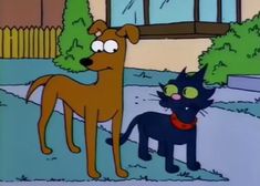 a cartoon dog and cat standing next to each other in front of a house with trees