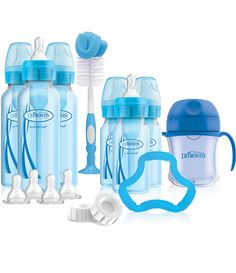 a baby bottle and its accessories are arranged on a white background with blue trimmings