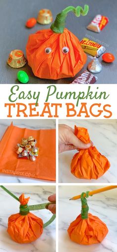 an easy pumpkin treat bag made out of orange paper