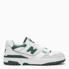 White leather and suede low trainer from New Balance featuring contrasting details, zip fastening, N on side, rounded toe, padded tongue and rubber sole. New Balance Green Sneakers For Streetwear, Green New Balance Sneakers For Streetwear, New Balance Green Sneakers With Contrast Sole, Green New Balance High-top Sneakers With Round Toe, Green New Balance High-top Sneakers, Cream Trainers, Green Trainers, New Balance White, Red Trainers