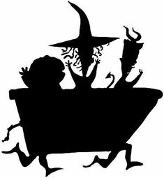 a black and white silhouette of witches sitting on a couch