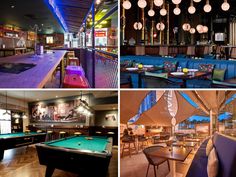 several different pictures of the inside of a restaurant with pool tables and billiards