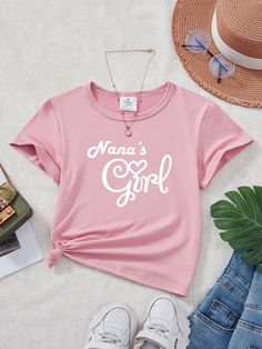 Young Girl Letter Print T-Shirt Pink Casual  Short Sleeve Fabric Cartoon,Letter,Slogan  Medium Stretch  Young Girls Clothing, size features are:Bust: ,Length: ,Sleeve Length: Girls T Shirts, Rose Bonbon, Girl Top, Girls Clothing, Letter Print, Girls Tshirts, Letter Prints, Print T Shirt, Length Sleeve