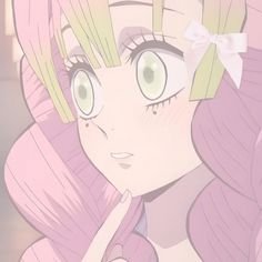 an anime character with pink hair and green eyes