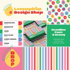 the lemon drop design shop logo and business cards are shown in different colors, shapes, and sizes