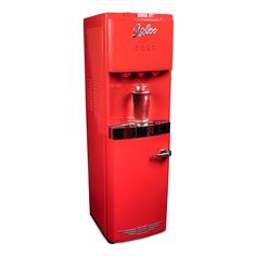 an old fashioned red refrigerator with water dispenser on the front and bottom