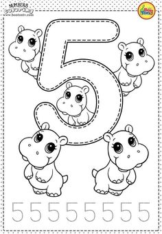 the number five coloring page for children with animals and numbers 5 to 10 on it