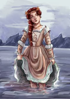 a painting of a woman in a dress standing in the water with her hands on her hips