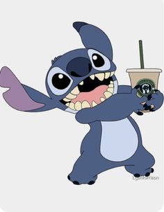 stitcher holding a starbucks cup with its mouth open and teeth wide open, while standing on one leg