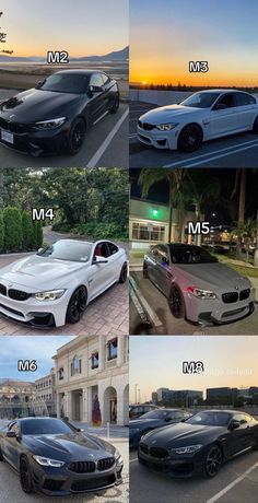 several different cars parked in front of a building with the words m4 and m5