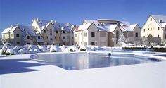 a pool surrounded by snow covered houses and trees