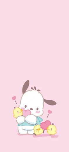 a cute bunny holding two little chicks in her arms on a pink background with hearts