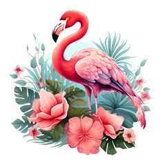 a pink flamingo standing on top of flowers