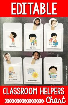 the classroom helpers chart is shown with pictures of children's faces on them