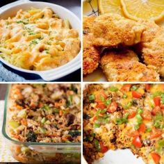 four different pictures of food including chicken, rice and vegetables in casserole dishes