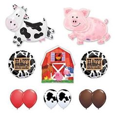 an assortment of farm animals and balloons