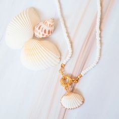 Kama’ole Seashell & Beads Necklace - Made in Hawaii Adjustable Gold Beaded Shell Necklace, Beaded Shell-shaped Beachy Jewelry, Beaded Shell-shaped Jewelry For The Beach, Shell-shaped Beaded Jewelry For Beach Season, Beachy Beaded Shell-shaped Jewelry, White Shell Necklace With Pearl Charm For Vacation, Beachy Shell-shaped Beaded Jewelry, Vacation Pearl Charm Strand Necklace, Vacation Strand Necklace With Pearl Charm