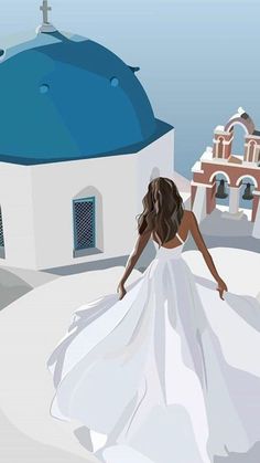 a woman in a white dress walking towards a church