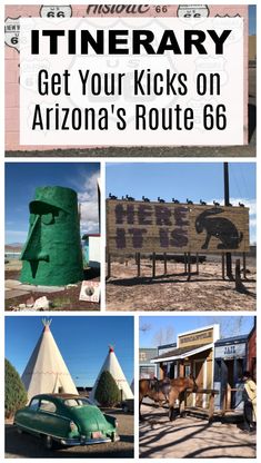 an advertisement for arizona's route 66 with pictures of cars and teepees