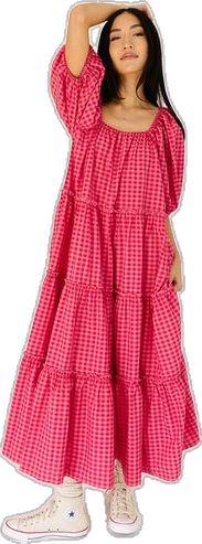 Gingham Pattern, Date Nights, Pink Gingham, Fuchsia Pink, Tier Skirt, Dress Pink, Spandex Fabric, Pattern Making, Puff Sleeves