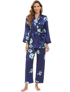 PRICES MAY VARY. 3 piece pajamas included: a cami,long sleeve robe with belt and long pants women satin pajama set with soft and smooth silky feel fabric,will keep you easeful while sleeping at night, that's ultra smooth against the skin so you can enjoy superior comfort. The unique dragon floral printing makes this silk pajamas look very luxurious and sexy Gift:The satin pj set is a perfect gift choice for your girlfriend,wife,mother,sisters or friends on birthday,Christmas Day,New Year,Valenti Long Sleeve Night Robe For Spring, Long Sleeve Robe For Pajama Party In Spring, Satin Pajamas Set, Jumpsuit Winter, Satin Pj Set, Women Sleepwear, Satin Pajama, Floral Printing, Women's Sleepwear