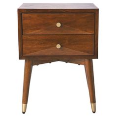 a wooden nightstand with two drawers on one side and gold legs, against a white background