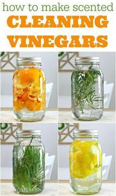 how to make scented cleaning vinegars in jars with herbs and lemons on top