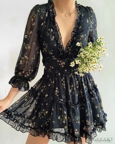 Lasaky - Daisy Print Long Sleeve Frill Hem Dress Diy Vetement, Women Long Sleeve Dress, Long Sleeve Print Dress, Evening Dresses Elegant, Gowns Of Elegance, Mini Dress Casual, Daisy Print, Mode Inspo, Looks Vintage