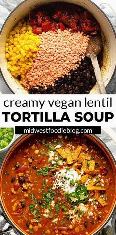 Indulge in the comforting warmth of this velvety plant-based lentil and tortilla soup, a perfect blend of hearty lentils and crispy tortilla strips. This nourishing bowl is packed with flavor and wholesome ingredients, making it an ideal choice for a cozy night in or a satisfying lunch. Whether you're a seasoned plant-based eater or just exploring new flavors, this soup promises a delightful culinary experience that's both healthy and delicious. Embrace the rich textures and vibrant taste that will leave you craving more. Vegan Lentil Tortilla Soup, Lentil Tortilla Soup, Soup Tortilla, Resep Vegan, Soup Creamy, Salads Recipes, Vegan Lentil, Tortilla Soup Recipe, Resep Diet