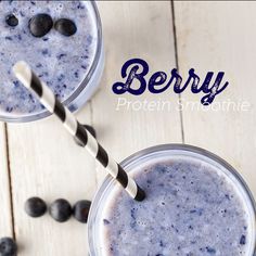 two glasses filled with blueberry protein smoothie