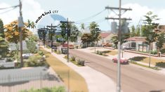 an artist's rendering of a city street with power lines and telephone poles in the foreground