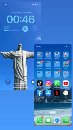 an image of the statue of christ in front of a cell phone with icons on it