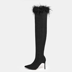 Elevate your style with these Black Vegan Suede Thigh High Boots. Featuring a pointed toe and stiletto heel, they are adorned with faux fur for a touch of luxury. Color: Black Material: Vegan suede Heel Type: Stiletto heel Heel height: 4.72" / 120 mm approx Product measurements were taken using size 8. Please note that measurements may vary by size. Toe: Pointed toe Handcrafted US sizing. Fits true to size. Suede Thigh High Boots, Pencil Heels, Thigh High Suede Boots, Black Vegan, Heel Type, Thigh High Boots, Suede Booties, Suede Heels, Thigh High