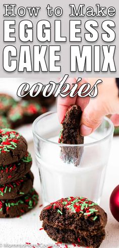 an eggless cake mix cookie is being dipped with chocolate and sprinkles